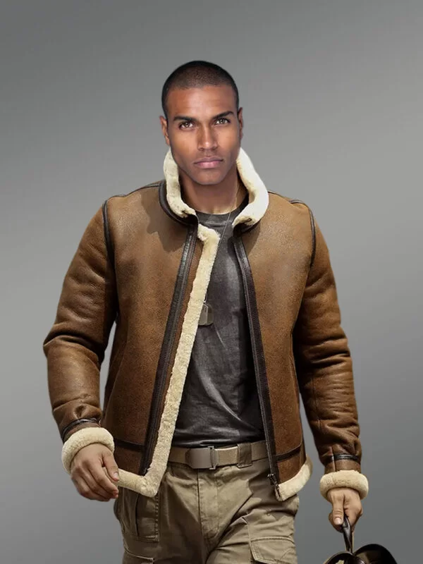 Tan Brown Shearling Bomber Jacket for Men with Leather Lining - Image 2