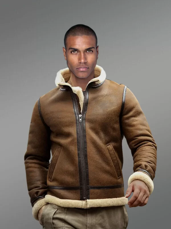 Tan Brown Shearling Bomber Jacket for Men with Leather Lining