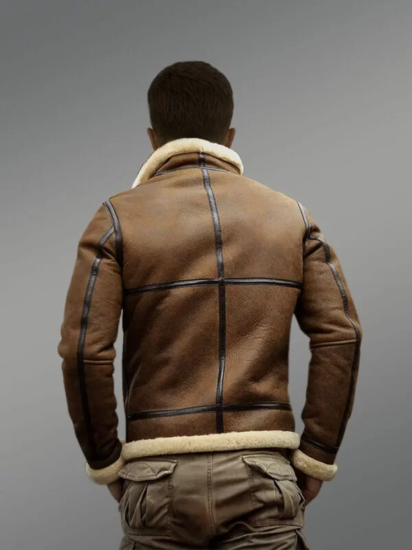 Tan Brown Shearling Bomber Jacket for Men with Leather Lining - Image 3