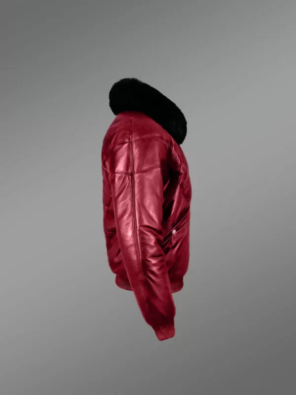 Men’s Trendy And Traditional Real Warm Real Leather V Bomber Jacket With Black Fur Collar - Image 4