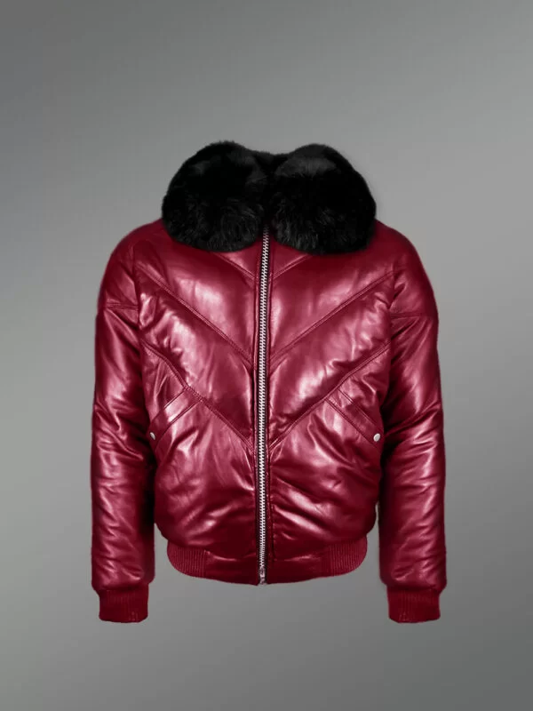 Men’s Trendy And Traditional Real Warm Real Leather V Bomber Jacket With Black Fur Collar - Image 2