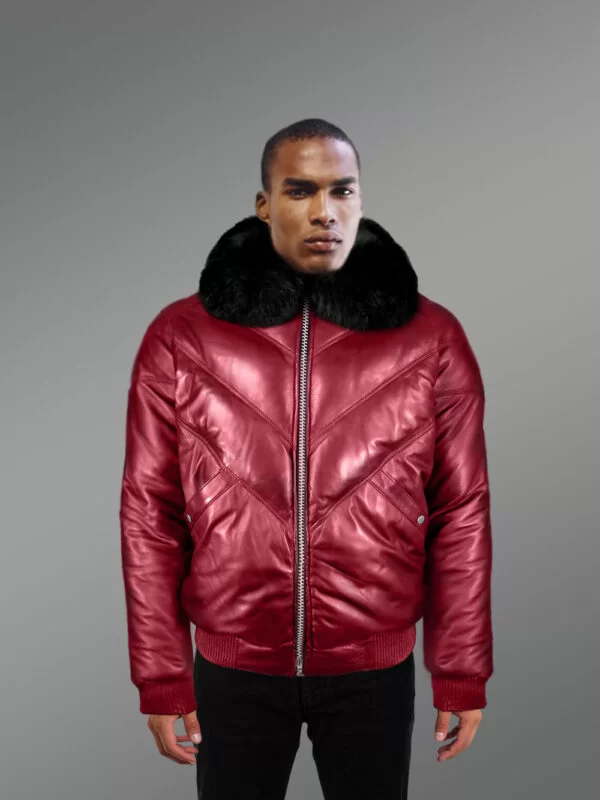 Men’s Trendy And Traditional Real Warm Real Leather V Bomber Jacket With Black Fur Collar