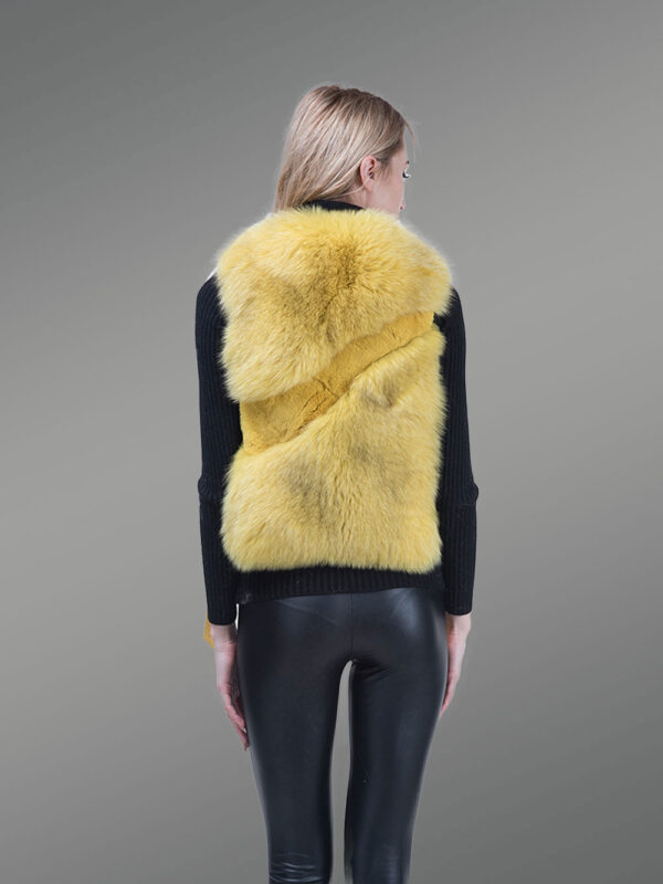 Women’s Short Length Sleeveless Genuine Fox Fur Winter Vest in Yellow - Image 5