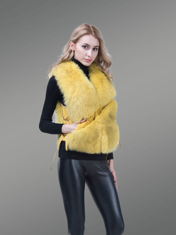 Women’s Short Length Sleeveless Genuine Fox Fur Winter Vest in Yellow - Image 3