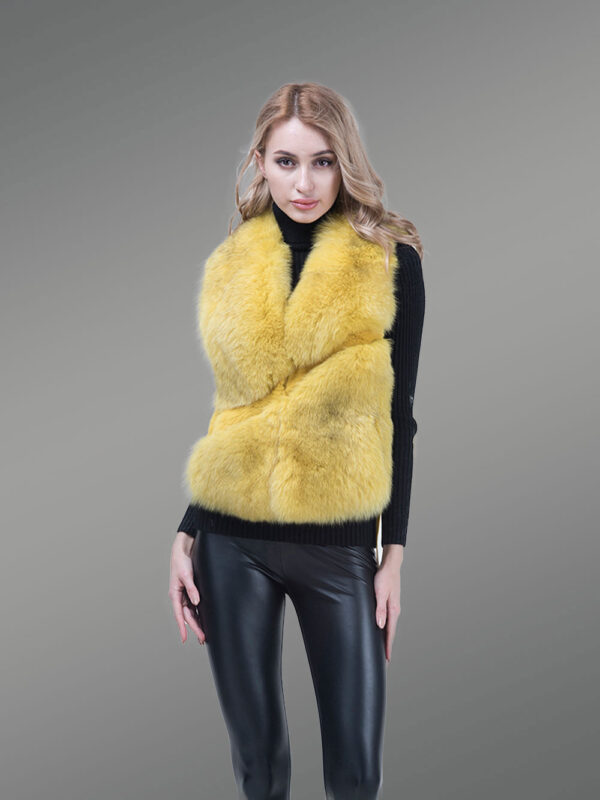 Women’s Short Length Sleeveless Genuine Fox Fur Winter Vest in Yellow - Image 2
