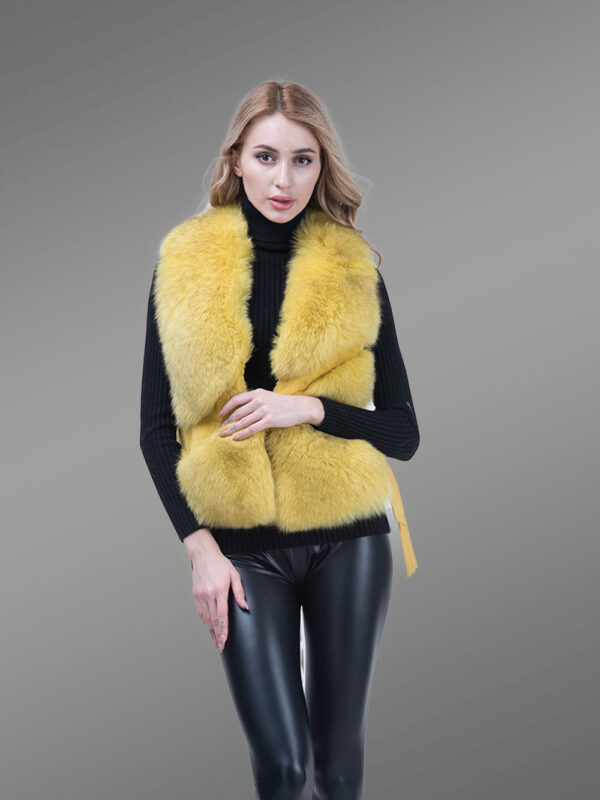 Women’s Short Length Sleeveless Genuine Fox Fur Winter Vest in Yellow