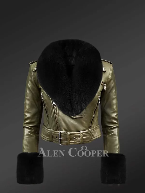 Authentic Leather Jackets in Olive with Removable Fur Collar and Handcuffs - Image 2