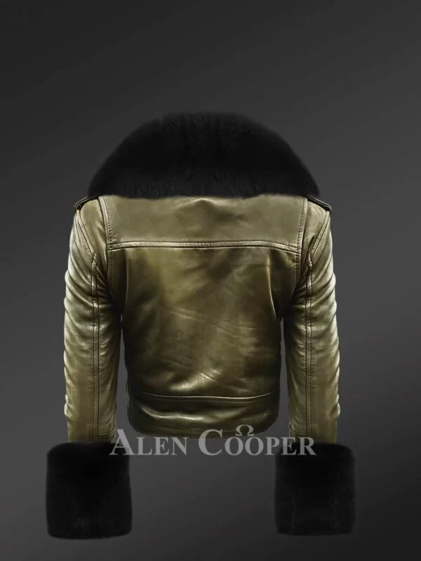 Authentic Leather Jackets in Olive with Removable Fur Collar and Handcuffs - Image 3