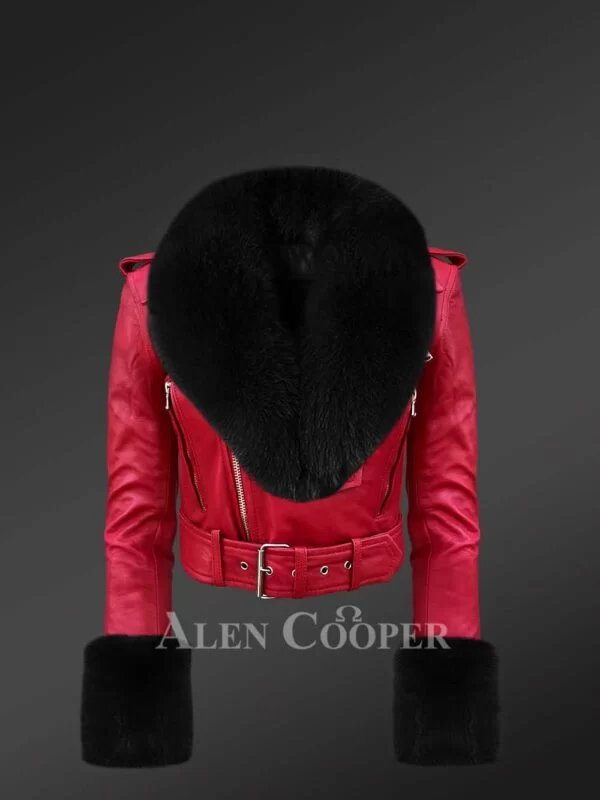Authentic Leather Jackets in Burgundy with Removable Fur Collar and Handcuffs for Women - Image 2