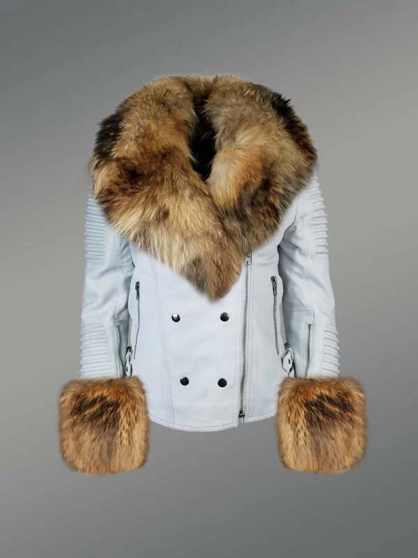 Authentic White Leather Jacket with Removable Fur Collar and Handcuffs
