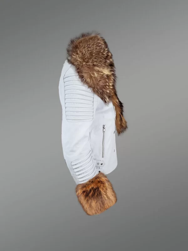 Authentic White Leather Jacket with Removable Fur Collar and Handcuffs - Image 2