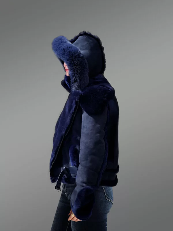 Blue Suede Finish Biker Style Shearling Jacket for Women - Image 5