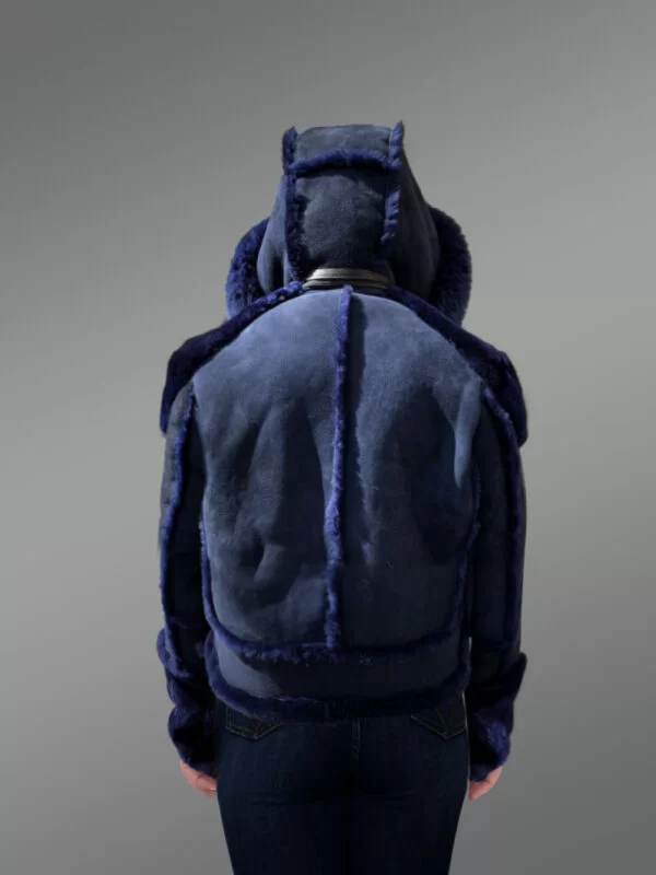 Blue Suede Finish Biker Style Shearling Jacket for Women - Image 6
