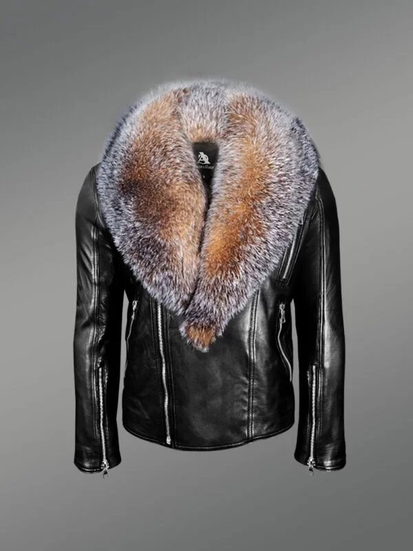 Biker Leather Jacket with Crystal Fox Fur Collar - Image 2