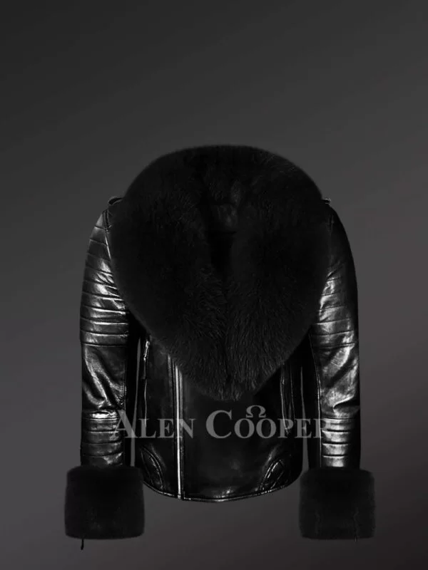 Black Leather Jacket with Fox Fur Collar and Cuffs - Image 2