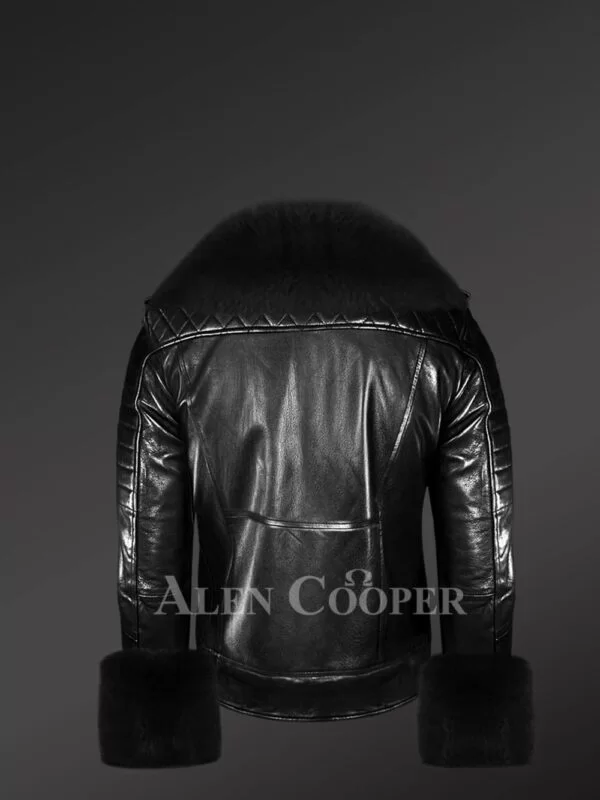 Black Leather Jacket with Fox Fur Collar and Cuffs - Image 4