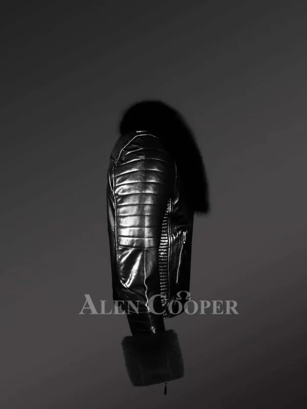 Black Leather Jacket with Fox Fur Collar and Cuffs - Image 3