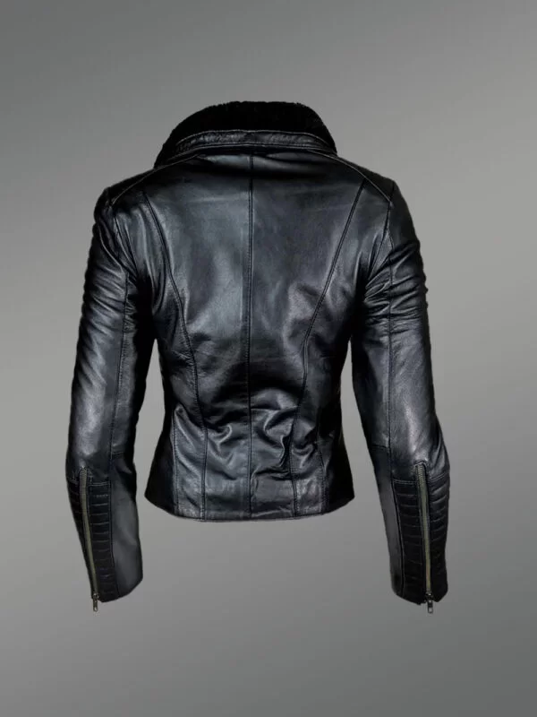 Black leather with fur interior jacket for women - Image 4