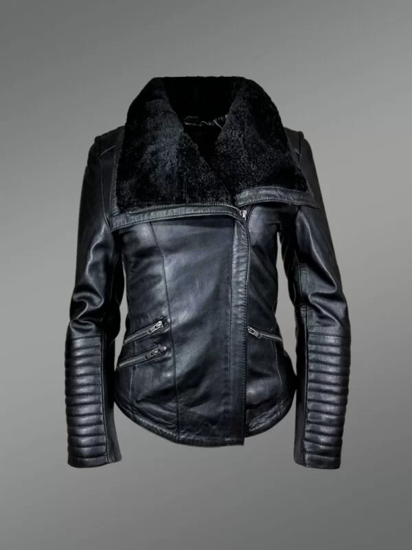 Black leather with fur interior jacket for women - Image 2