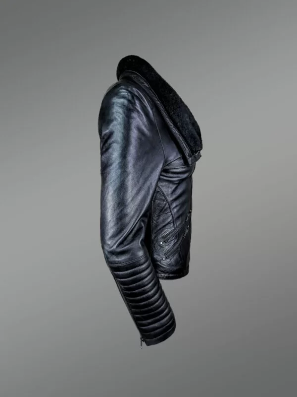 Black leather with fur interior jacket for women - Image 3
