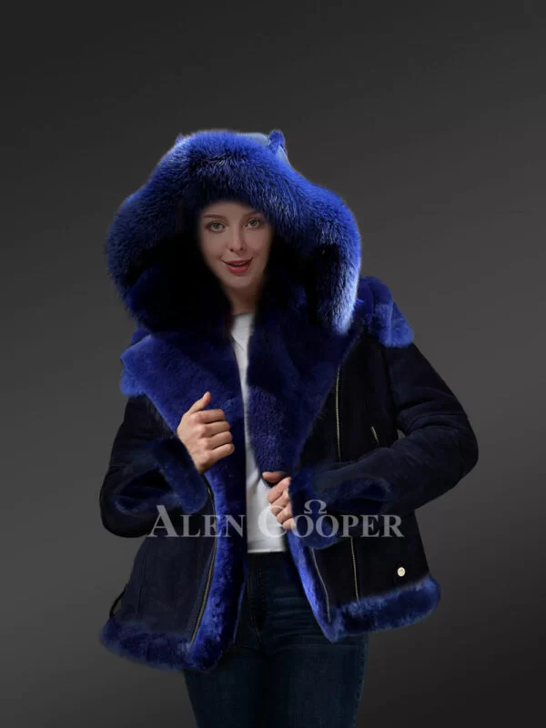 Blue Biker Style Shearling Jacket for Women - Image 2