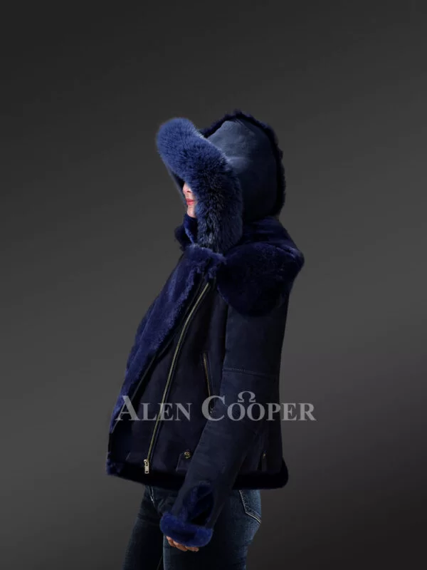 Blue Biker Style Shearling Jacket for Women - Image 3