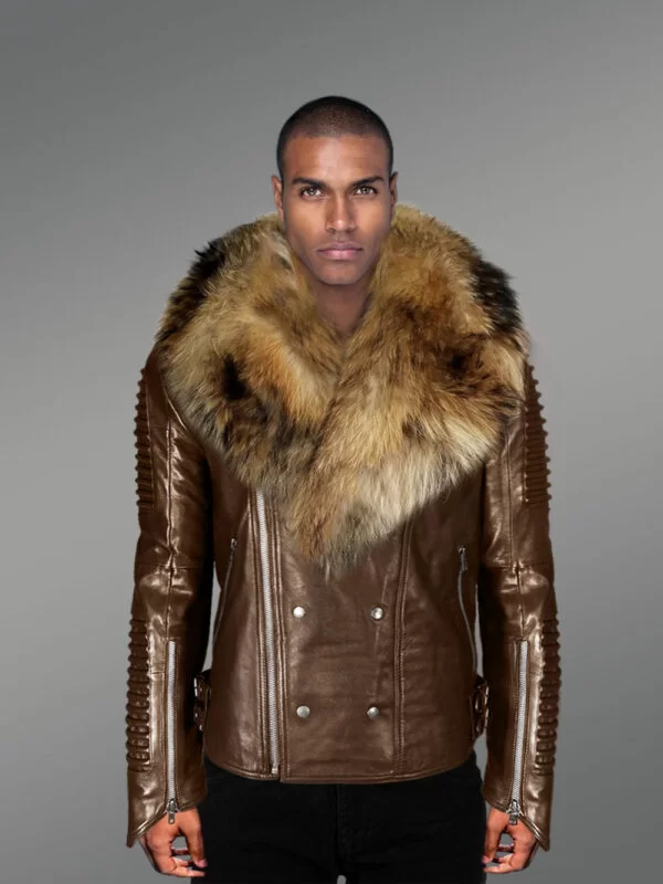 Brown Leather Jacket With Fur Collar For Men