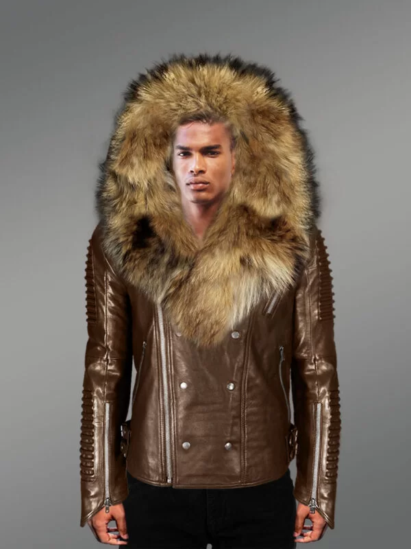 Brown Leather Jacket With Fur Collar For Men - Image 2