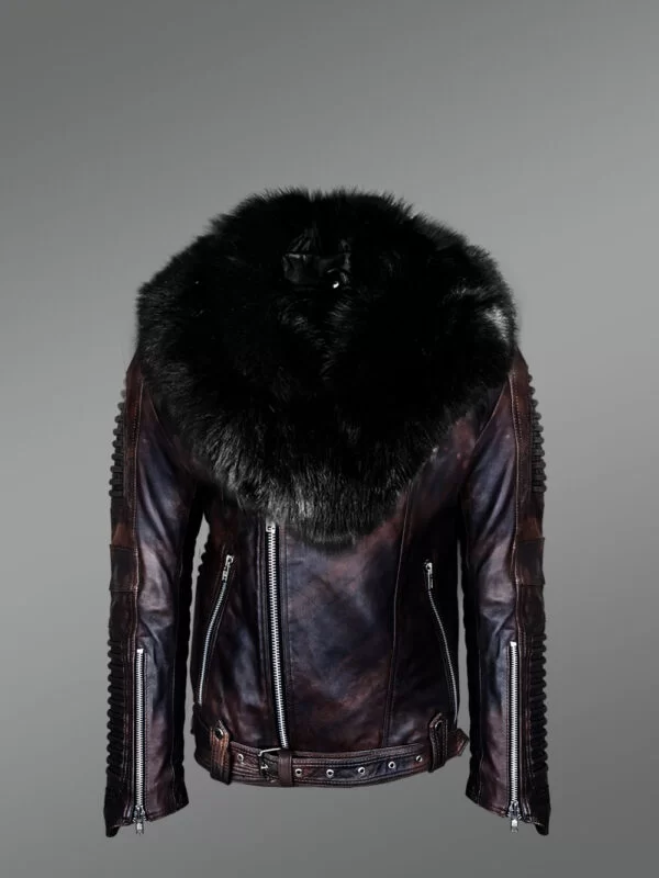 Chic And Stylish Men’s Leather Jackets in Coffee with Pure Fox Fur Collar - Image 2