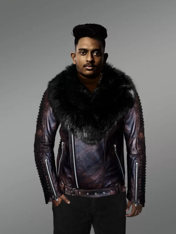 Chic And Stylish Men’s Leather Jackets in Coffee with Pure Fox Fur Collar
