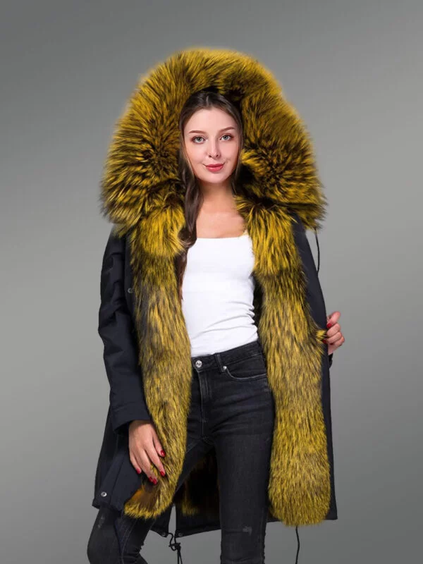 Elegant Long Black Parka with Fur Front Line and Hood for Women - Image 2