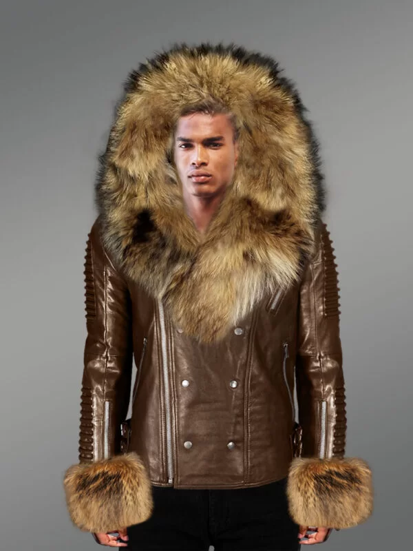 Genuine Leather Jacket for Men with Raccoon Fur Collar and Handcuffs - Image 2