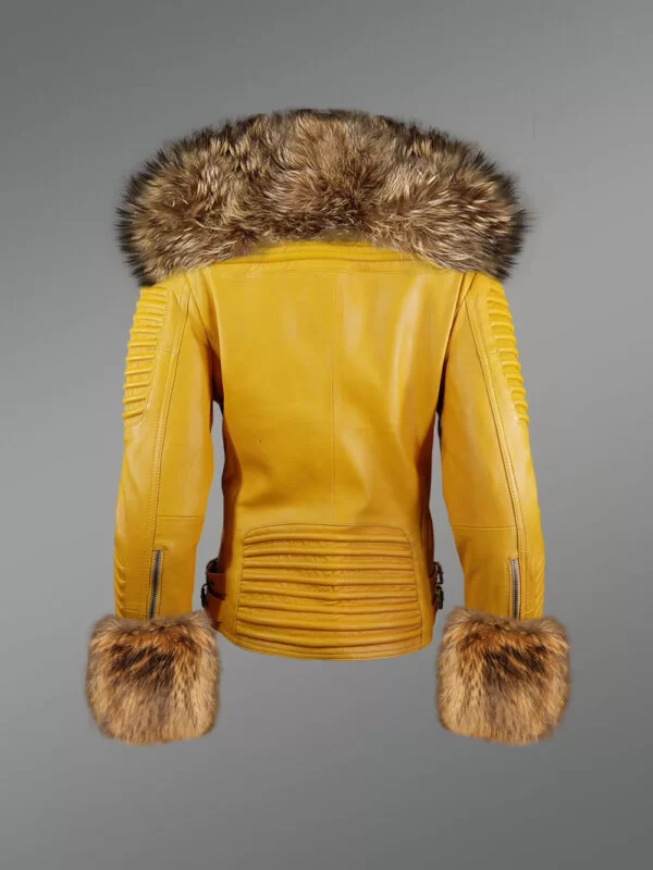 Genuine Leather Jacket in Yellow with Removable Fur Collar and Handcuffs - Image 3