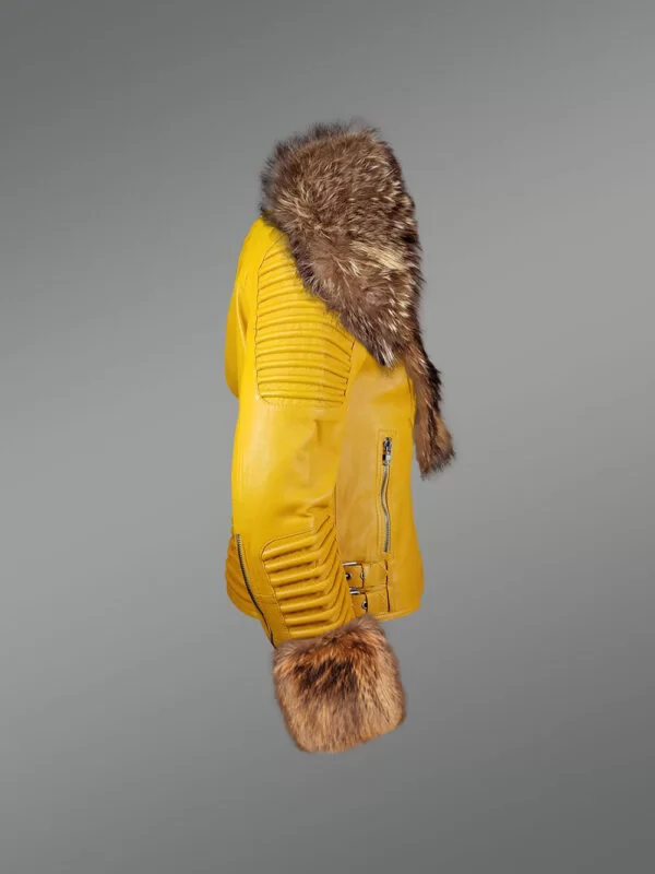 Genuine Leather Jacket in Yellow with Removable Fur Collar and Handcuffs - Image 2