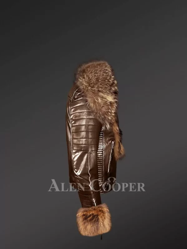 Genuine Leather Jackets in Coffee with Detachable Fur Collar and Handcuffs - Image 3