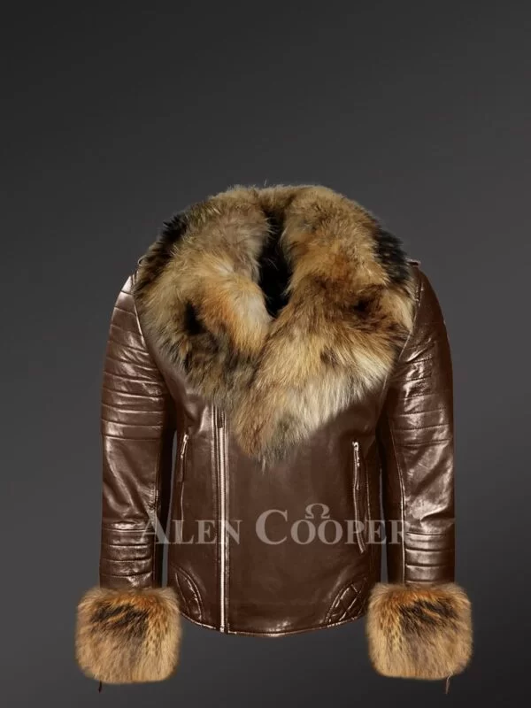 Genuine Leather Jackets in Coffee with Detachable Fur Collar and Handcuffs - Image 2