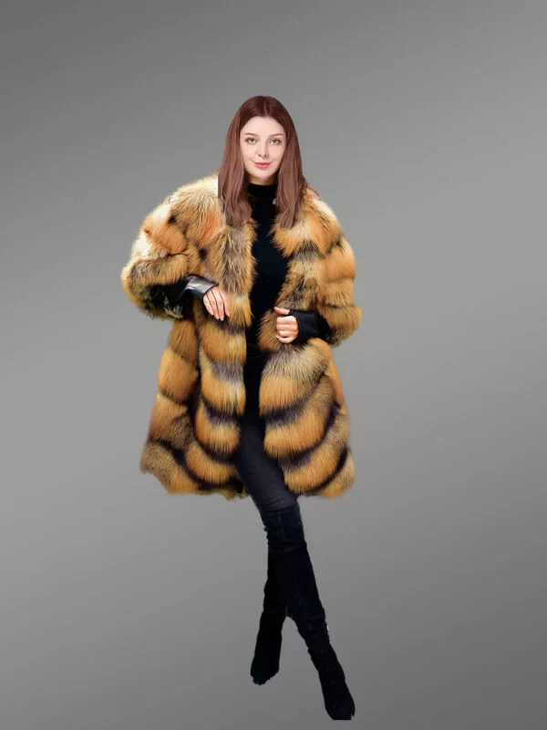 Golden Fox Fur Coat in Slant Shape for Women - Image 3