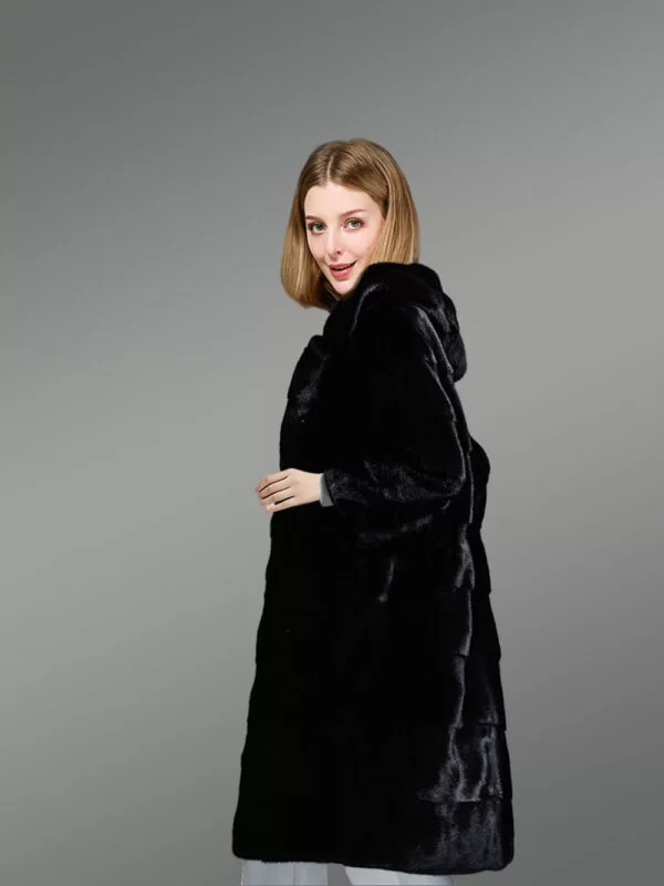 Hooded Black Mink Fur Long Coat for Elegant Women - Image 3