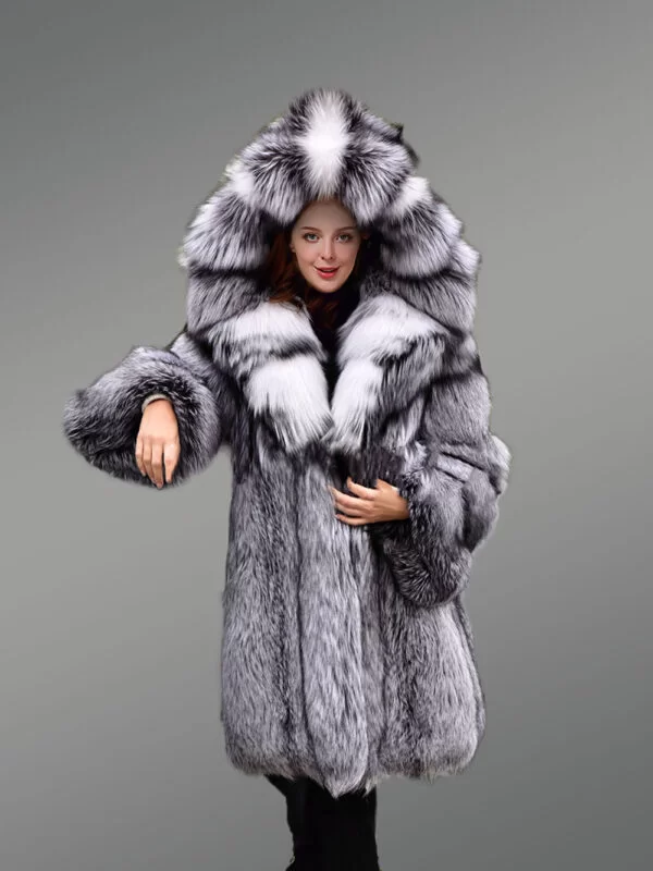 Hooded Silver Fox Fur Long Coat for Women - Image 2