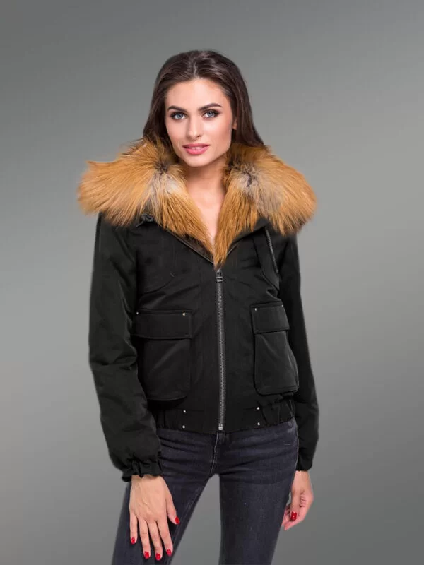 Ladies’ Golden Island Fox Fur Hybrid Black Bomber Jacket with Rabbit Liner Convertibles Reflect Grandeur - Image 2