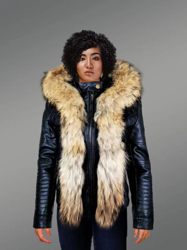 Short Length Leather Parka with Genuine Fur Trim