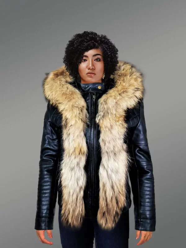 Short Length Leather Parka with Genuine Fur Trim - Image 2