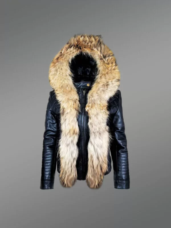 Short Length Leather Parka with Genuine Fur Trim - Image 4