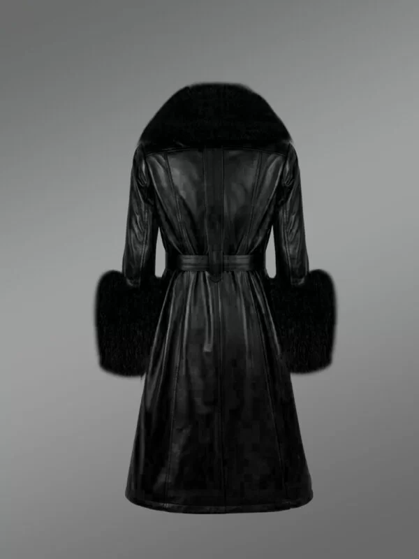 Women’s Leather Long Coat with Fox Fur Collar and Cuffs - Image 2