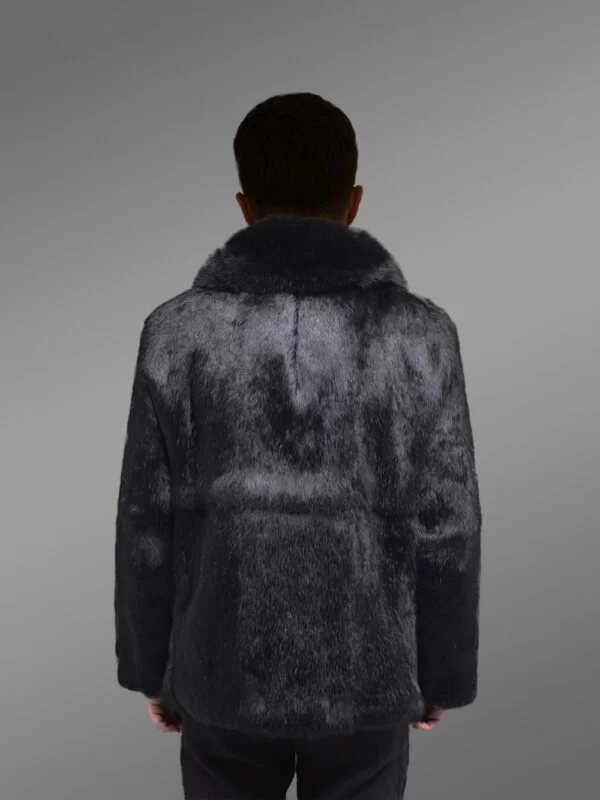 Men’s Rabbit Fur Jacket with Fox Fur Collar in Black - Image 2