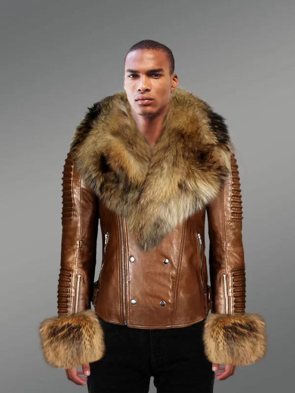 Men’s Brown Leather Jacket with Genuine Fur Hood and Handcuffs