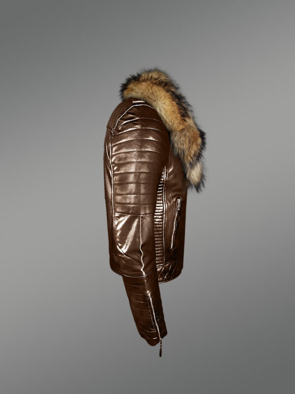 Biker leather jacket with fur collar for Men - Image 4