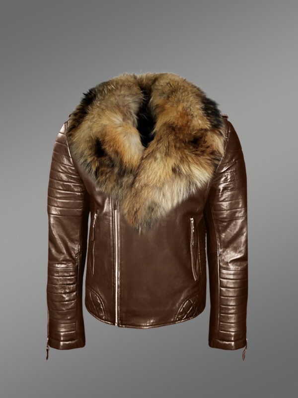 Biker leather jacket with fur collar for Men - Image 2