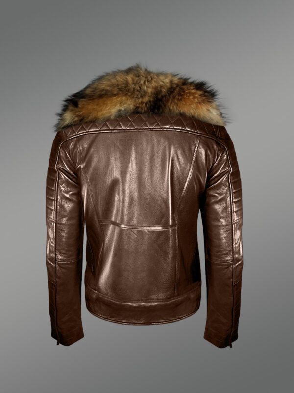 Biker leather jacket with fur collar for Men - Image 3