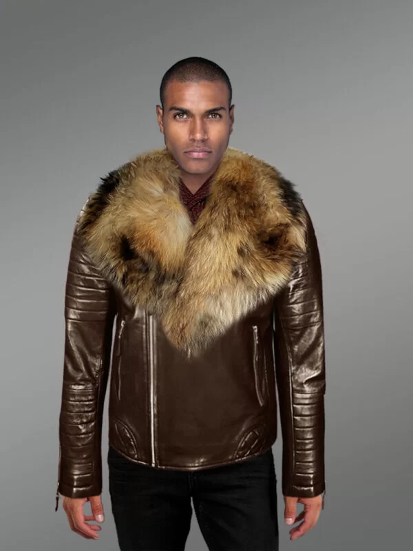 Biker leather jacket with fur collar for Men